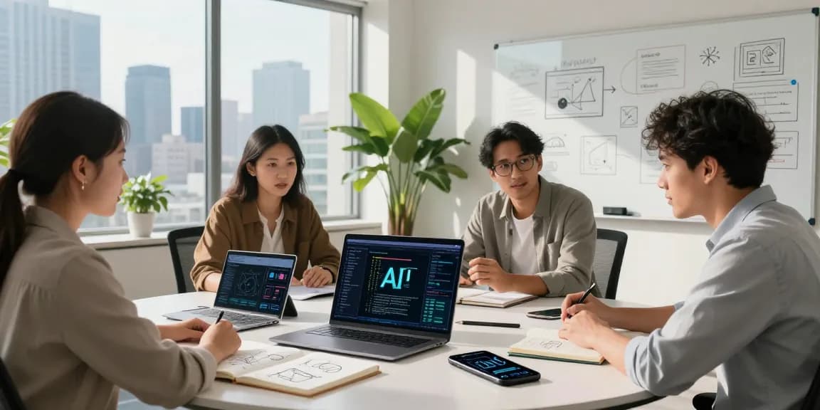 Dynamic team brainstorming AI projects in a modern office environment showcasing 18+ ai technology.