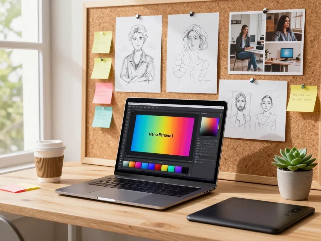 Designer using Nano Banana AI in a vibrant digital workspace, highlighting creativity and inspiration.