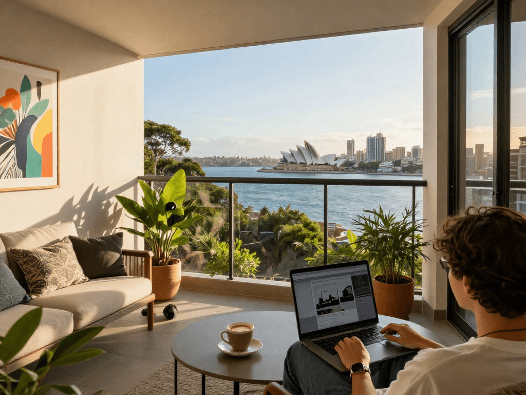 Best Sydney Airbnb managers enhancing rental experiences on a modern apartment balcony in Sydney.