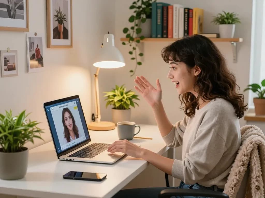 Engaging with AI girlfriend in a cozy home office, displaying emotional connection and modern technology.