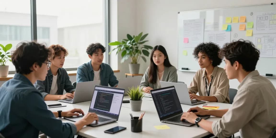 Team collaborating on WhatsApp網頁版 interface in a modern tech office.