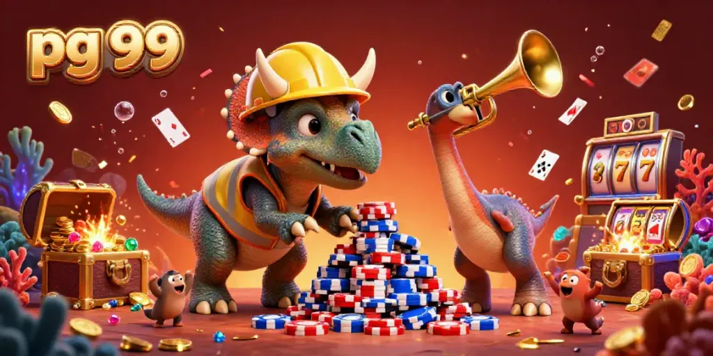 Engage in the vibrant world of pg 99 with fun casino elements and cheerful dinosaur characters celebrating.