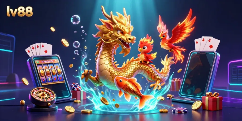 Spin and win at lv88 with a dynamic scene of a golden dragon and phoenix amidst casino elements.