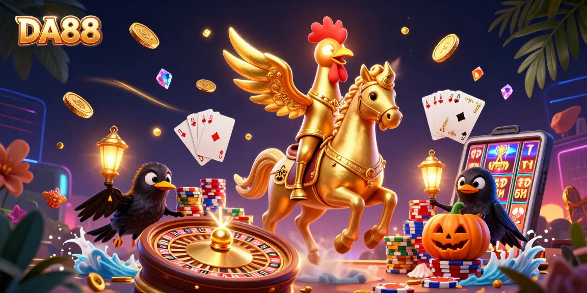 DA88 casino scene with a golden rooster and spectral horse amid winning coins and vibrant slots