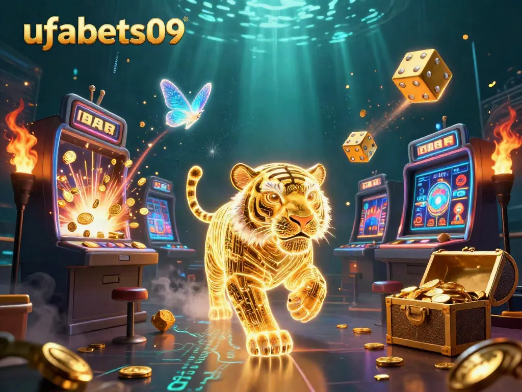 Experience the vibrant energy of ufabets09 with a neon tiger and dynamic casino visuals.