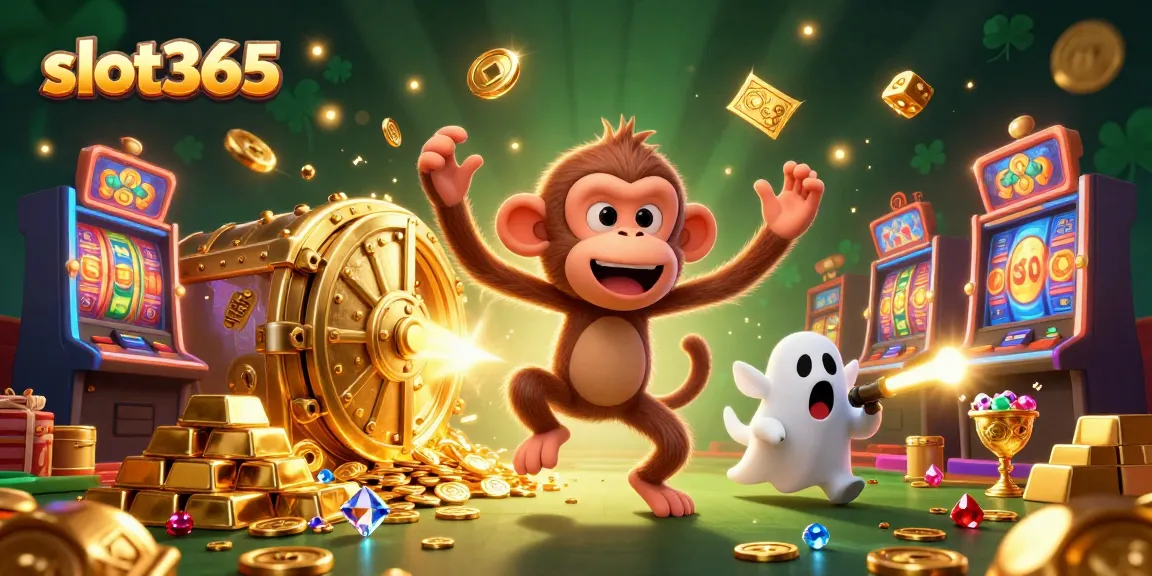 Experience thrilling action at slot365 with a mischievous monkey and curious puppy in a vibrant casino.