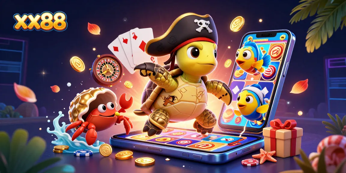 Engage with the thrilling world of xx88 featuring a cartoon pirate turtle and vibrant slot games!