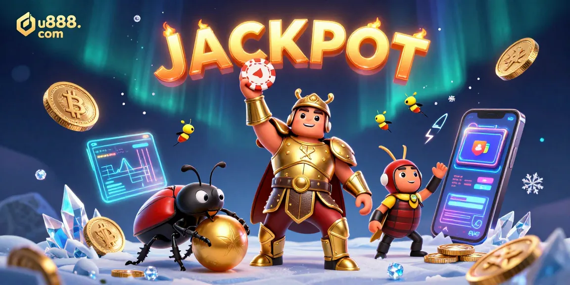 Join the excitement at u888. com with a victorious beetle showcasing a poker chip, surrounded by casino elements and crypto coins.