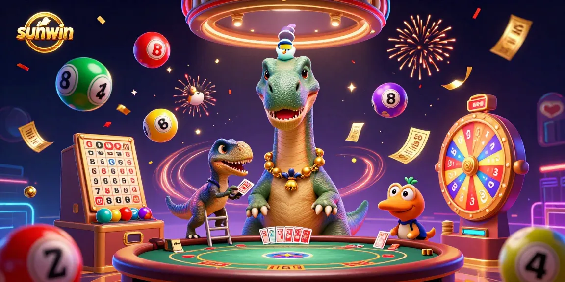 Engage in thrilling gameplay at sunwin with a vibrant casino scene featuring animated dinosaurs.