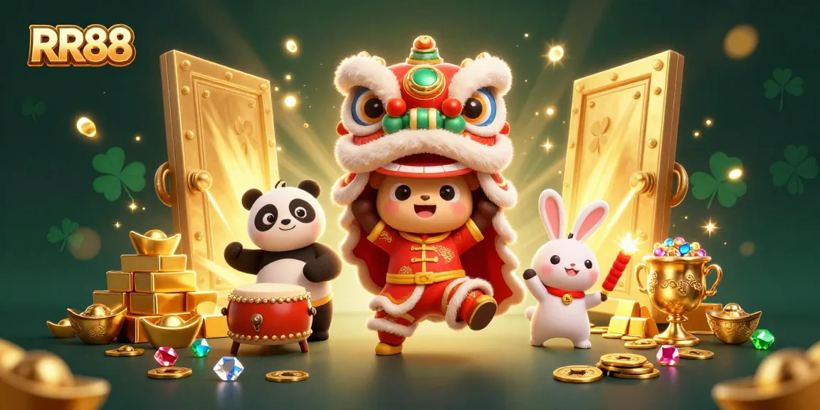 Experience RR88 with vibrant casino action featuring a lion dance and treasure galore.