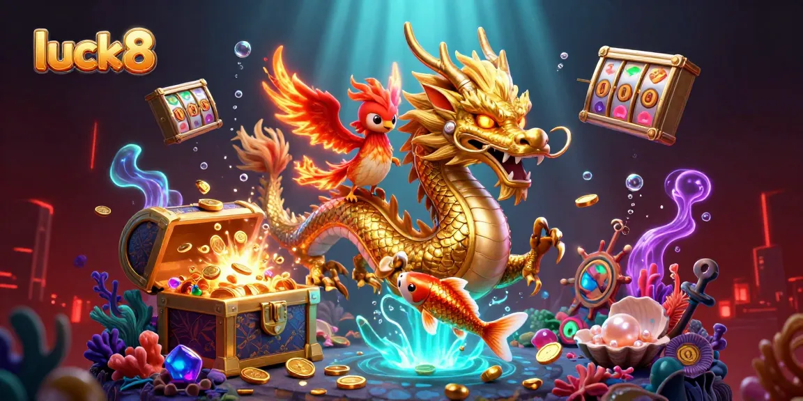 Experience thrilling wins with luck8 in a dynamic casino scene featuring a dragon, phoenix, and koi fish.