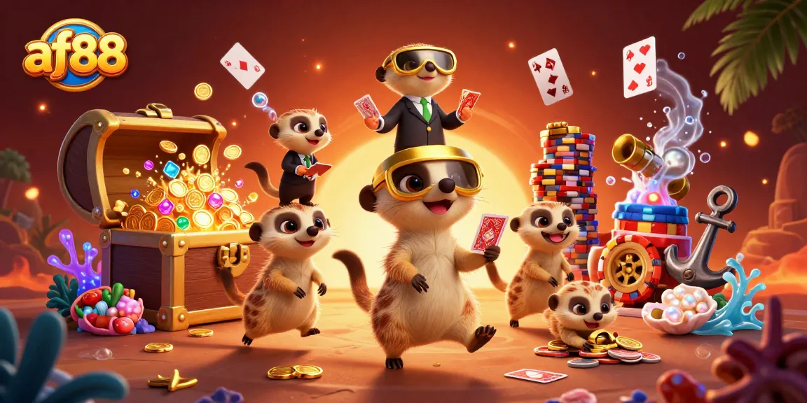 Engage with exciting games at af88, where a cartoon meerkat casino unfolds amid vibrant elements.