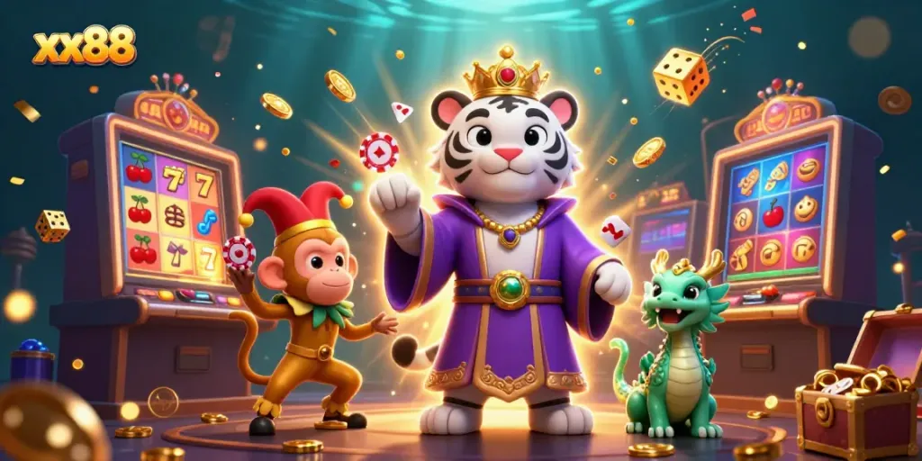 Experience excitement with xx88 as a tiger, monkey, and jade dragon revel in casino riches