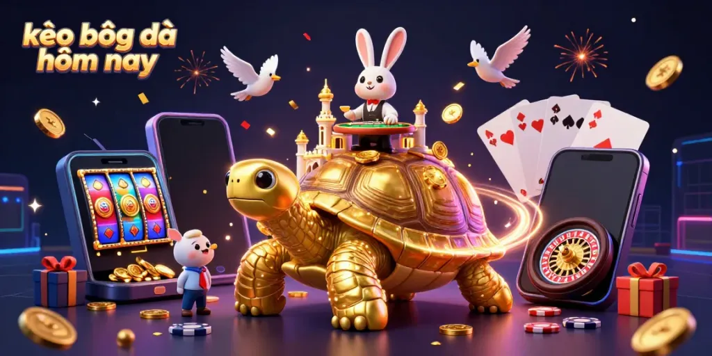 Engage with kèo bóng đá hôm nay through a dynamic 3D casino scene featuring a golden tortoise and vibrant gaming elements.