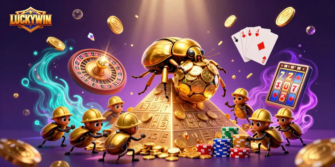 LUCKYWIN showcases a vibrant casino scene with golden coins and colorful poker chips flying around.