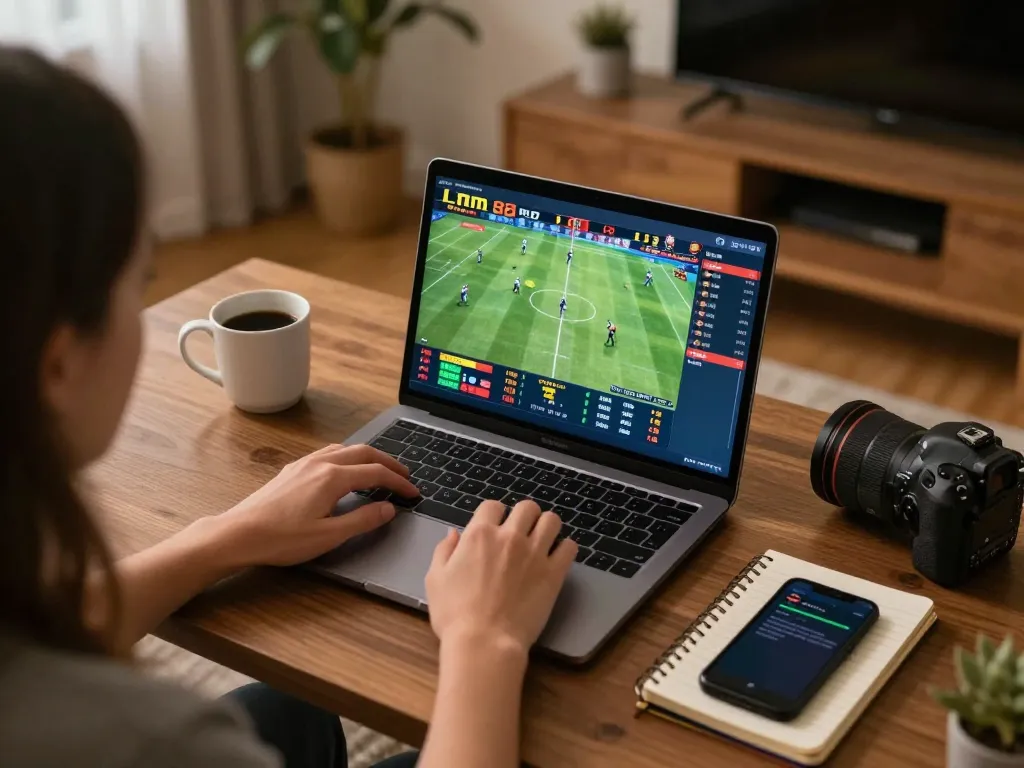 Person enjoying sports betting at home with mm888 interface visible on laptop, capturing live odds.
