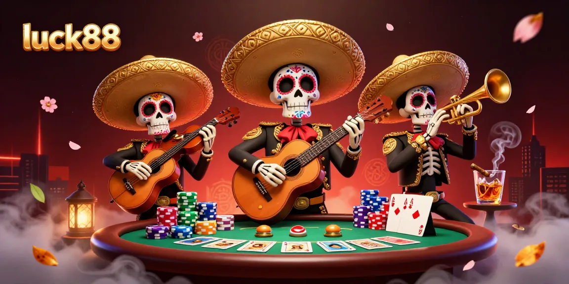 Engage with luck88 through a vibrant 3D casino scene depicting a mariachi band among poker elements.