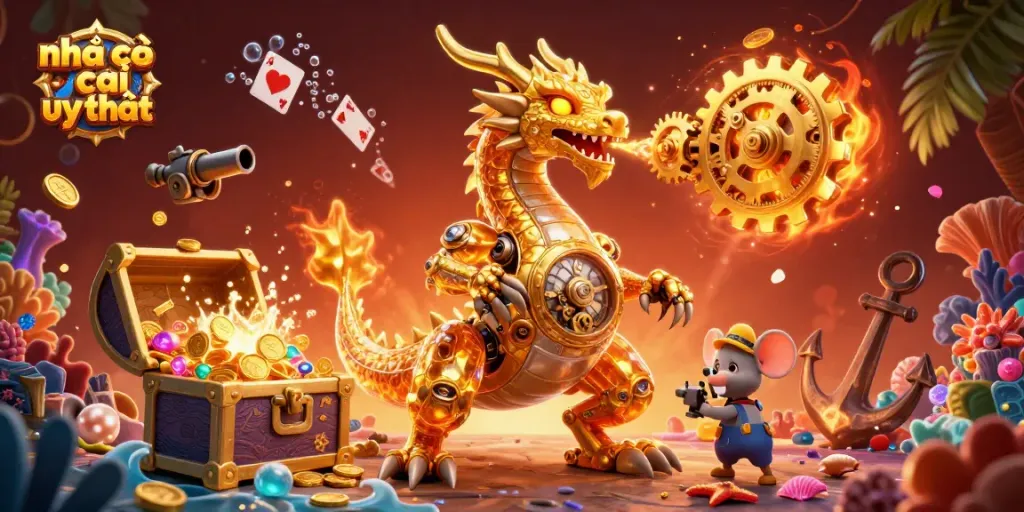 Engage with nhà cái uy tín through this dynamic casino-themed illustration featuring a golden dragon.