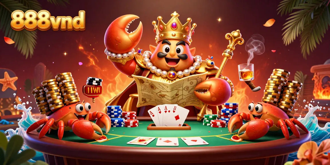 Experience the excitement of 888vnd with a lively casino scene and golden crab emperor illustration.