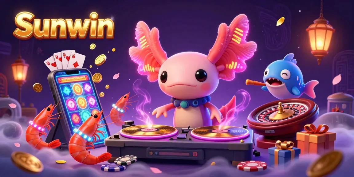 Experience the excitement of Sunwin as you dive into a vibrant 3D casino scene filled with colorful gaming elements.