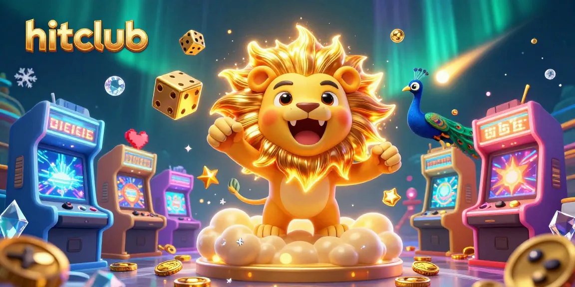 Hitclub showcases a vibrant 3D illustration with a roaring lion and dynamic gaming elements enhancing the casino experience.