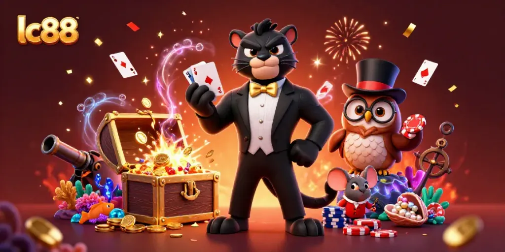 Experience the excitement of lc88 with a stylish panther dealer and charming casino characters.