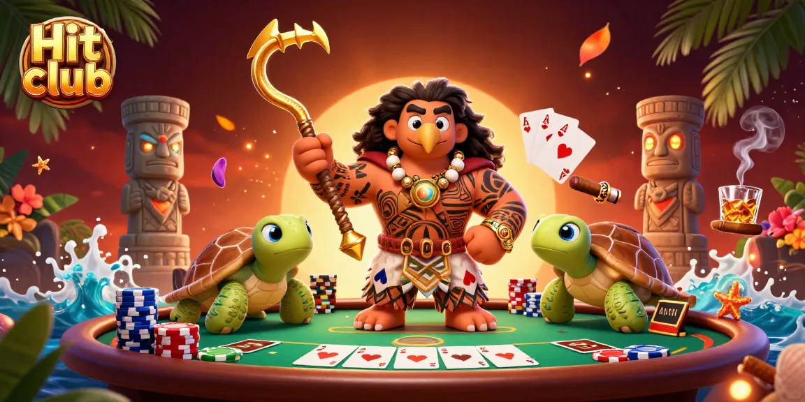 Hit club poker scene featuring a demigod, turtle, and vibrant casino elements