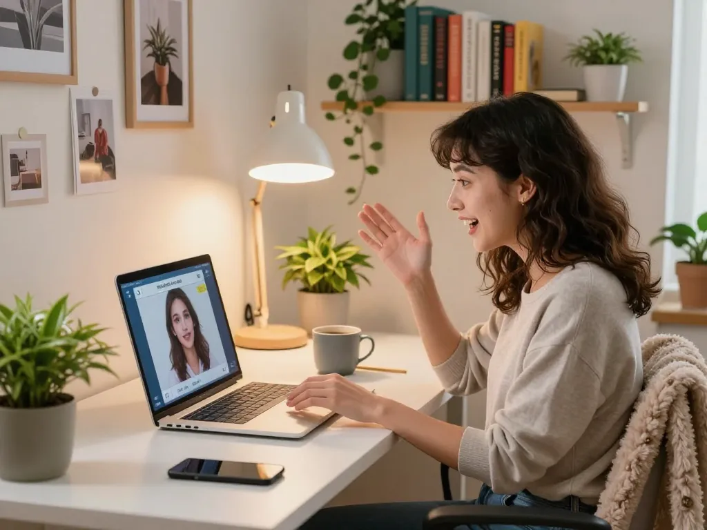 Engaging with AI girlfriend in a cozy home office, displaying emotional connection and modern technology.