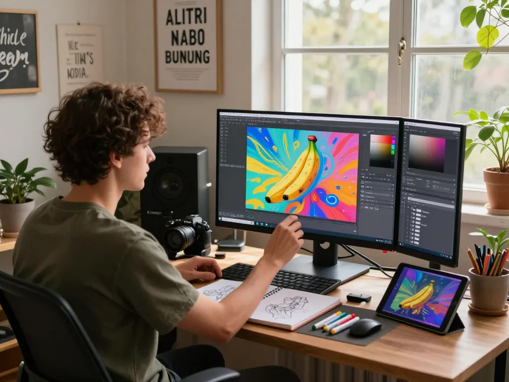 Digital artist creating with nano banana flash in a vibrant workspace filled with AI-generated designs and inspiration.