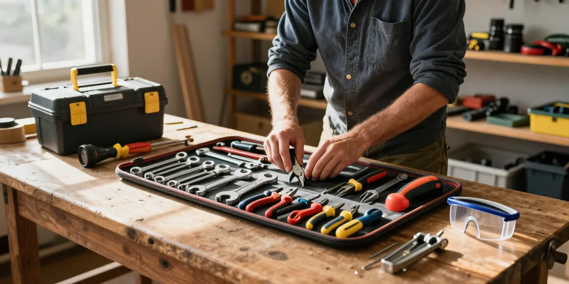 Knipex tool bag organized with hand tools on a rustic workbench.