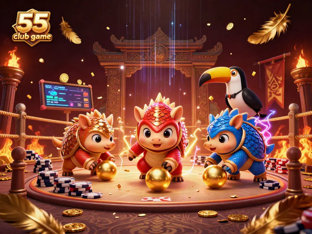 Experience the thrill of the 55 club game with rival pangolins competing amidst colorful chips and betting tokens.