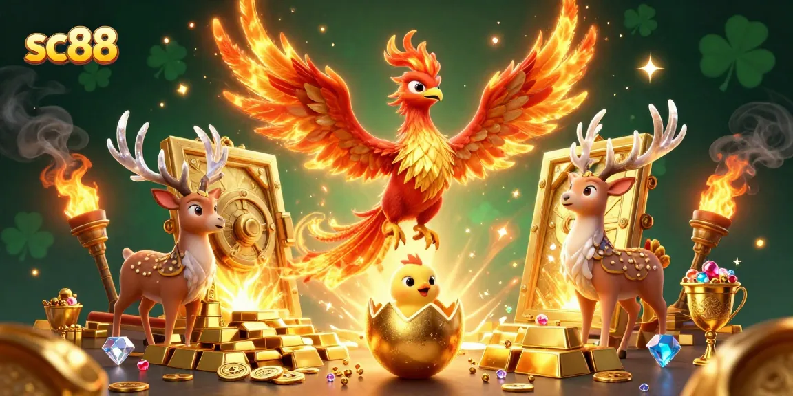 Experience the thrilling world of sc88 with a dynamic 3D illustration of a phoenix, golden treasures, and vibrant casino elements.