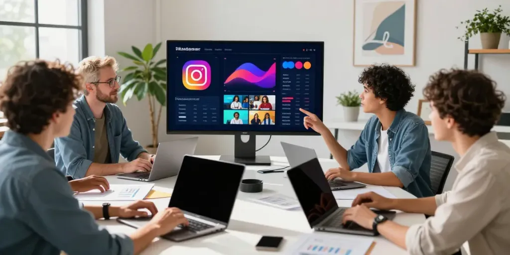Team discussing strategies to boost Instagram followers in a bright office.