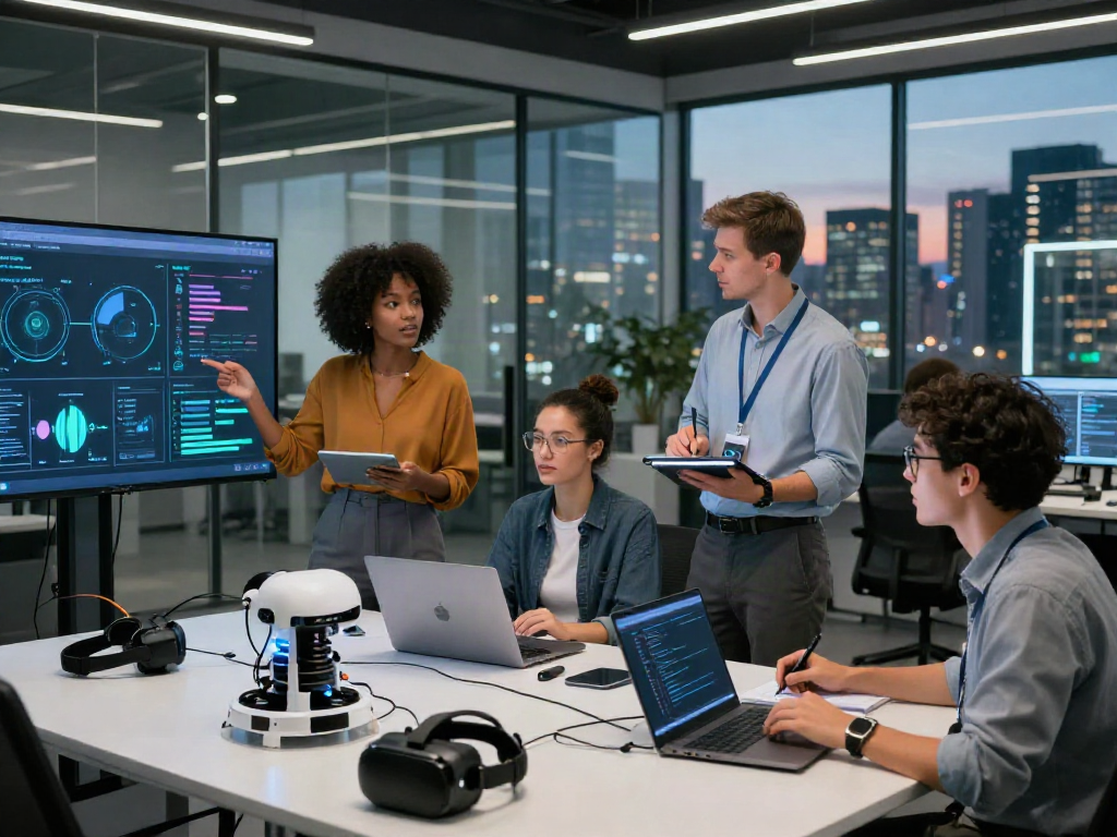 Collaboration on 18+ AI innovations in a modern tech workspace featuring diverse professionals.