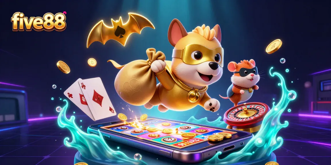Win at five88 with a vibrant 3D scene featuring a superhero dog, coins, and gaming elements.