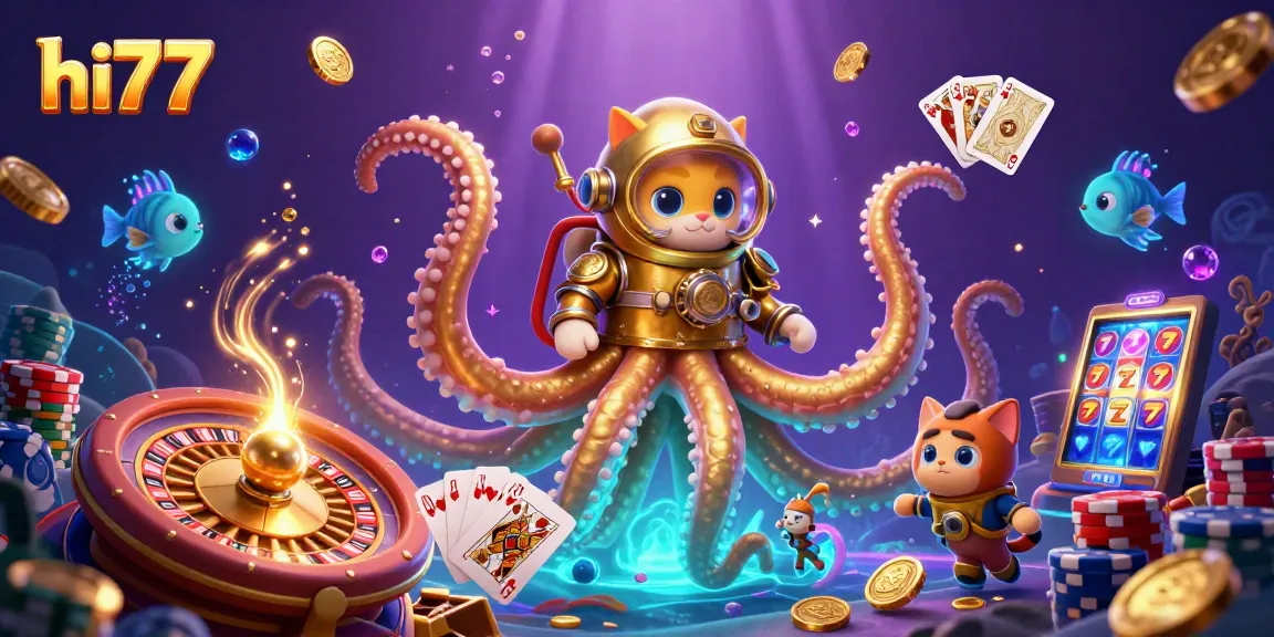 Engage with hi77's immersive gaming experience featuring vibrant 3D kraken and diving cat amidst golden coins and casino elements.
