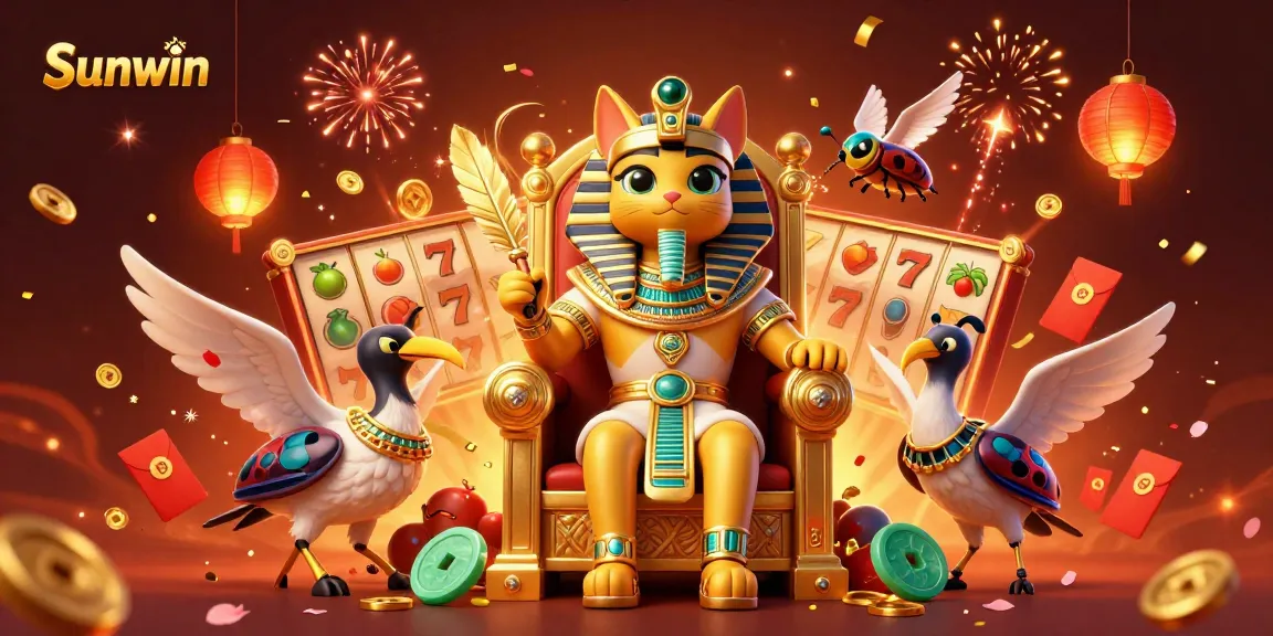 Experience the excitement of Sunwin with vibrant slot elements and rich character illustration.