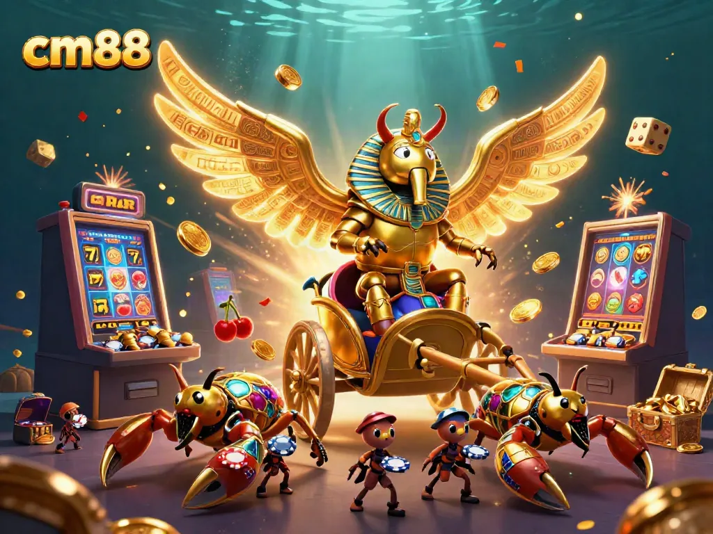 Experience thrilling wins and dynamic gameplay with cm88's vibrant casino illustration featuring a colossal golden scarab.