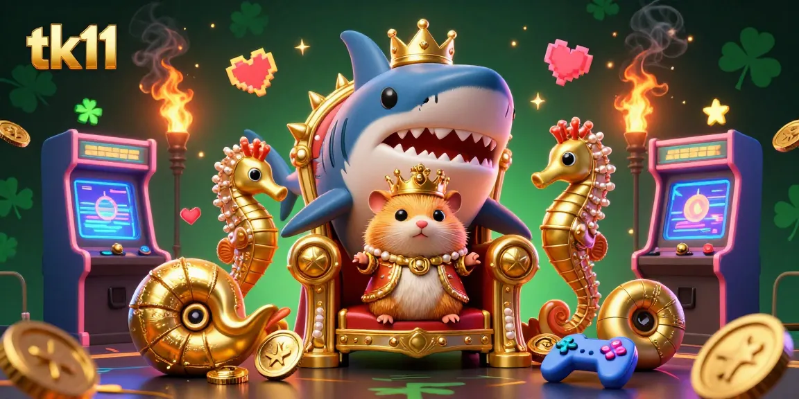 Experience tk11 excitement with a golden hamster king, seahorse guards, and arcade elements in vibrant casino artwork.