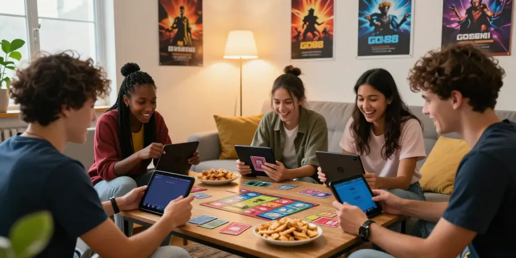 Friends enjoying a lively game of GO88, showcasing cards and smartphones in a cozy gaming atmosphere.