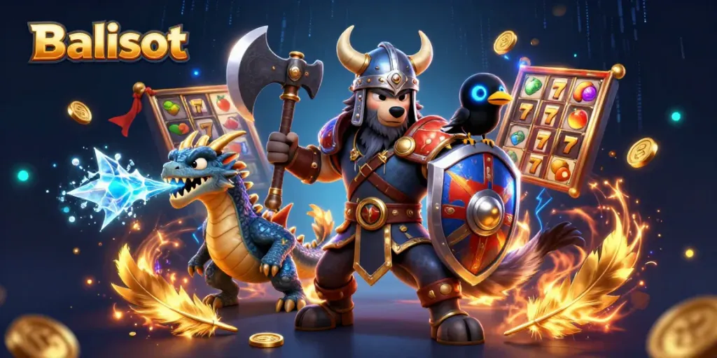 Balislot showcases thrilling slot adventures with a Viking wolf warrior, dragon, and vibrant game symbols.