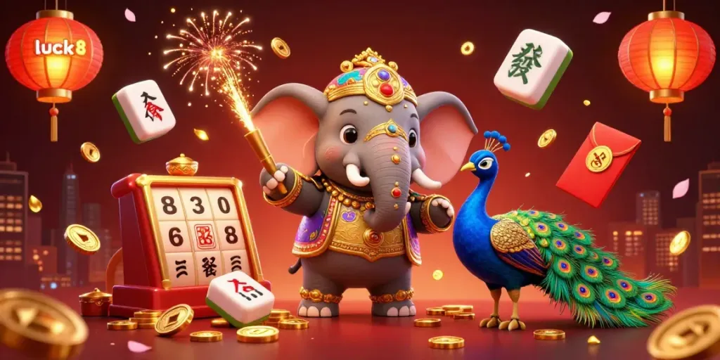 Spin to win with luck8 in a colorful casino scene featuring a lively elephant and vibrant symbols.