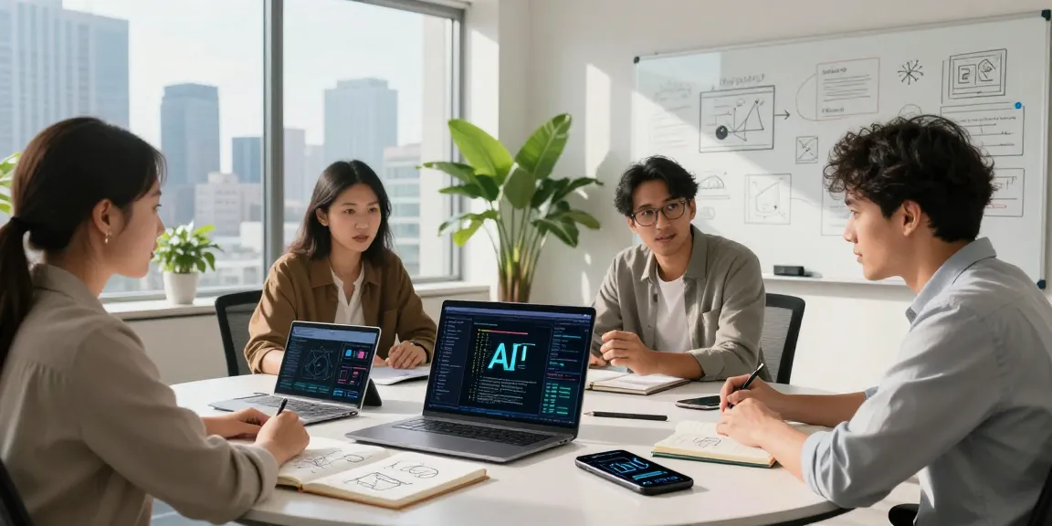 Dynamic team brainstorming AI projects in a modern office environment showcasing 18+ ai technology.