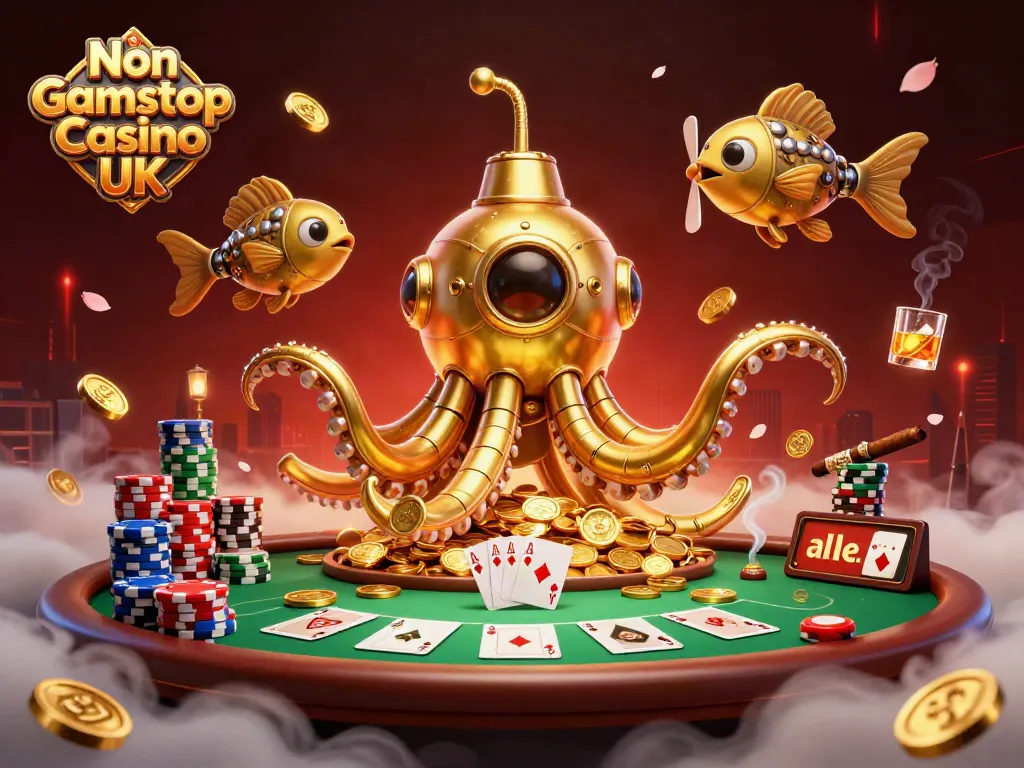 Engage in the excitement of Non Gamstop Casino UK with a vibrant underwater scene featuring a golden kraken submarine.