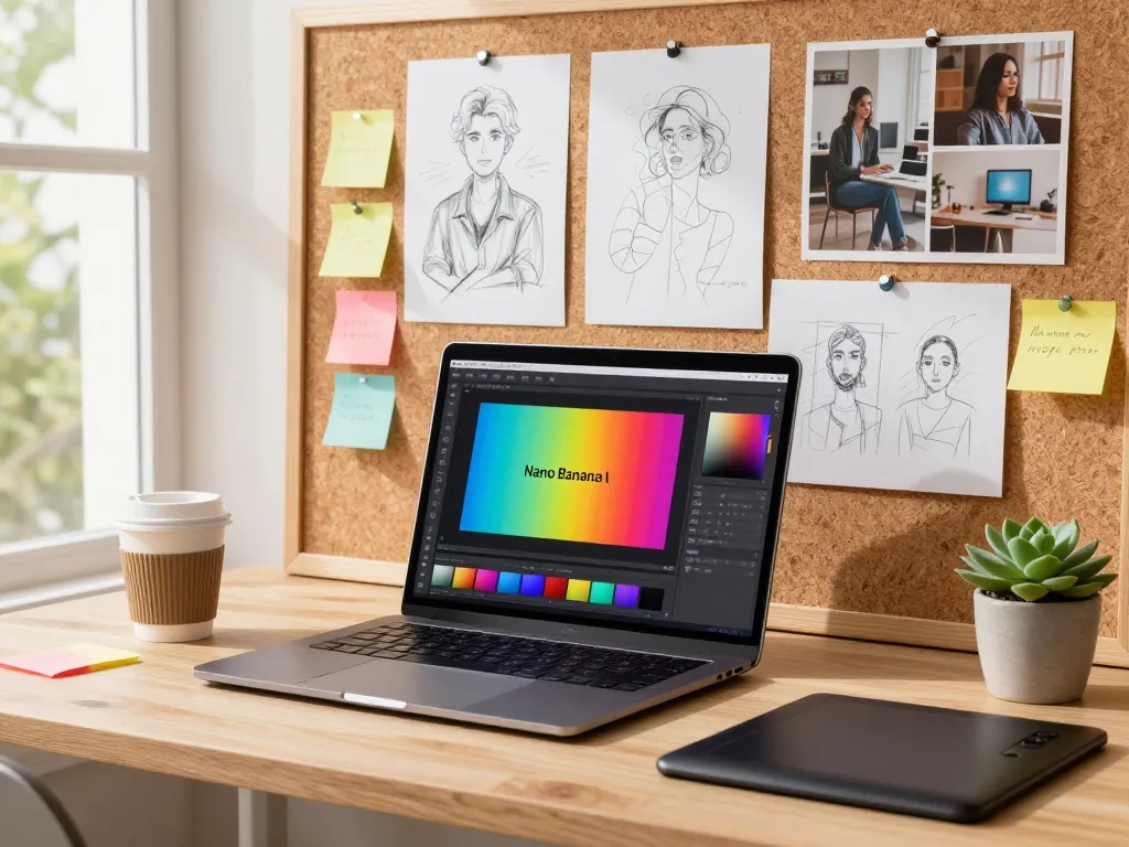 Designer using Nano Banana AI in a vibrant digital workspace, highlighting creativity and inspiration.