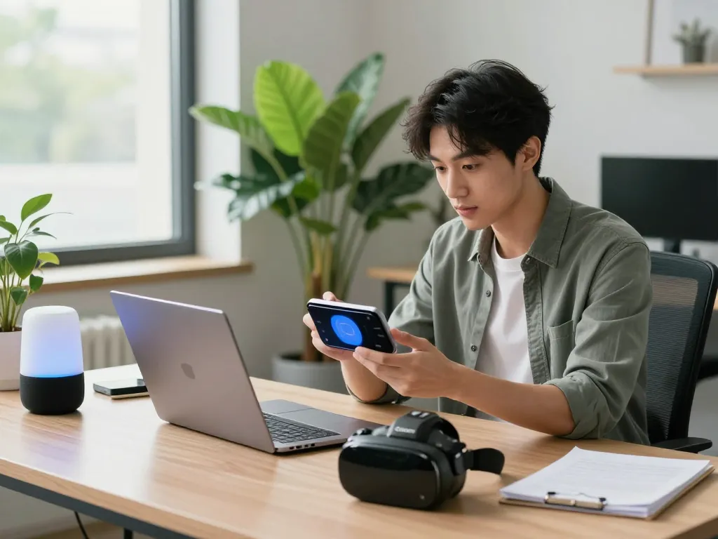 Exploring top 10 tech gadgets 2099 in a vibrant modern workspace filled with innovative devices and bright natural light.