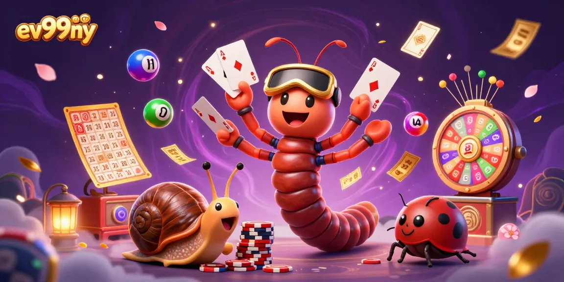 Experience the thrill of ev99ny with a dynamic online casino scene featuring colorful game elements and characters.