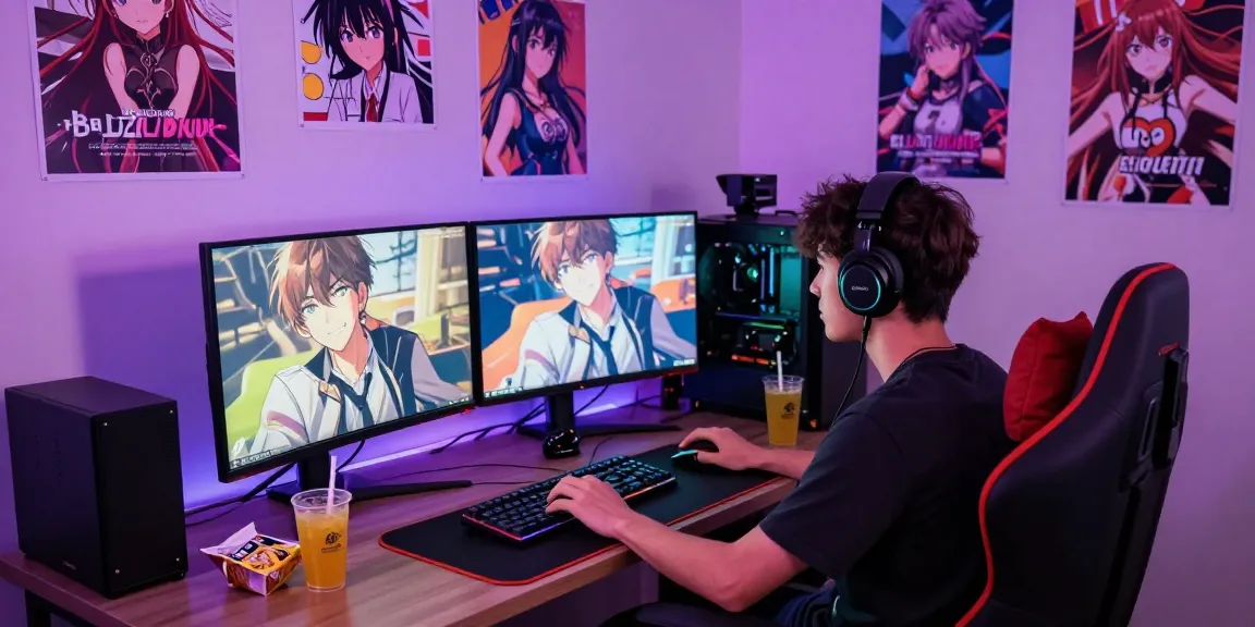 Thrilling gaming room featuring a young male enjoying an ecchi simulator, immersive atmosphere with RGB lights and gaming setup.