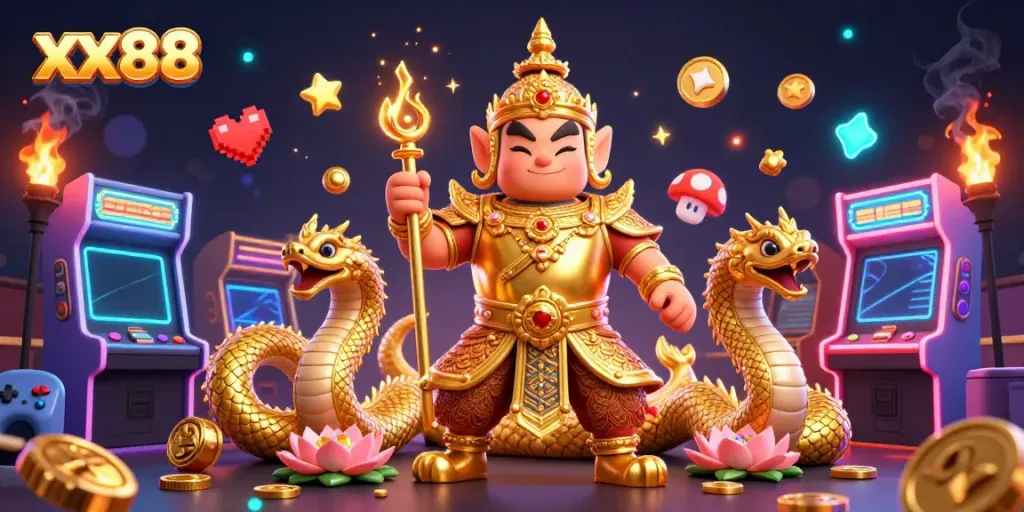 Experience exciting gameplay at xx88 with vibrant casino elements like arcade machines and guardian characters.