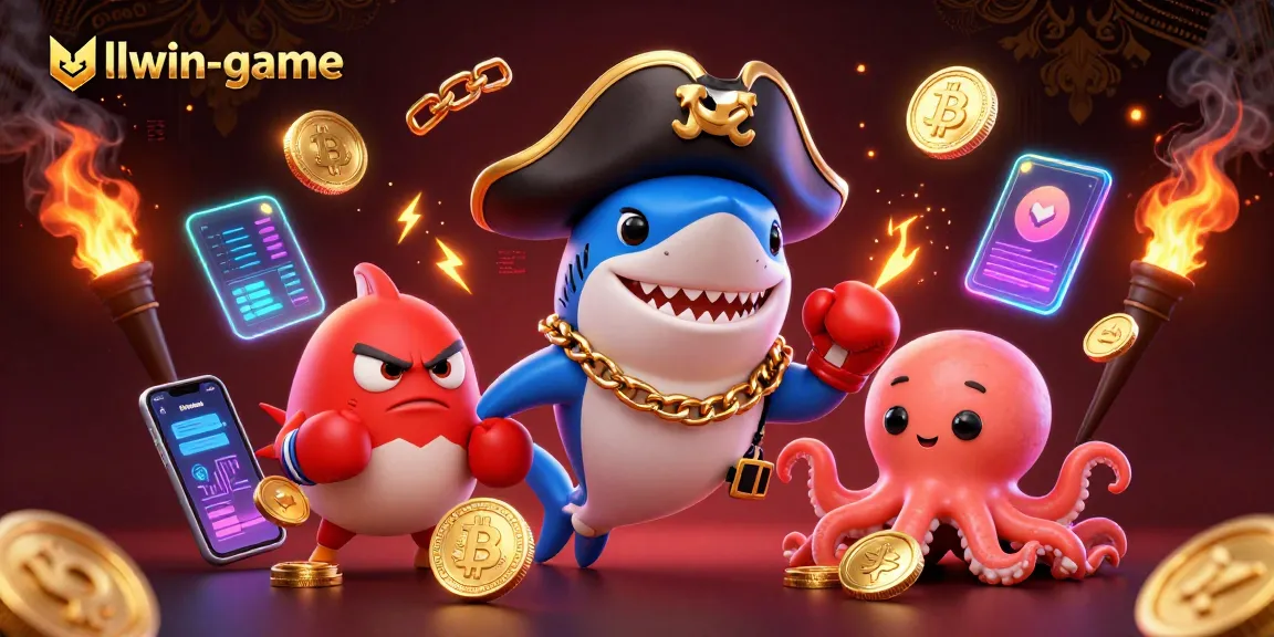 Spin to win with llwin-game's fun characters in this vibrant casino scene featuring crypto coins.